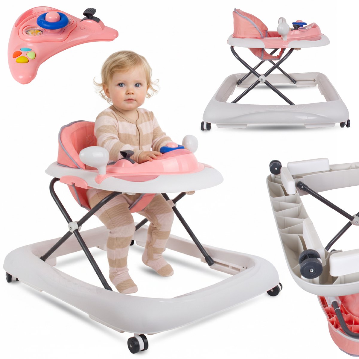 sun baby Loopstoel, baby walker vanaf 6 maanden, verstelbare hoogte, rubberen wielen - Roze-Grijs