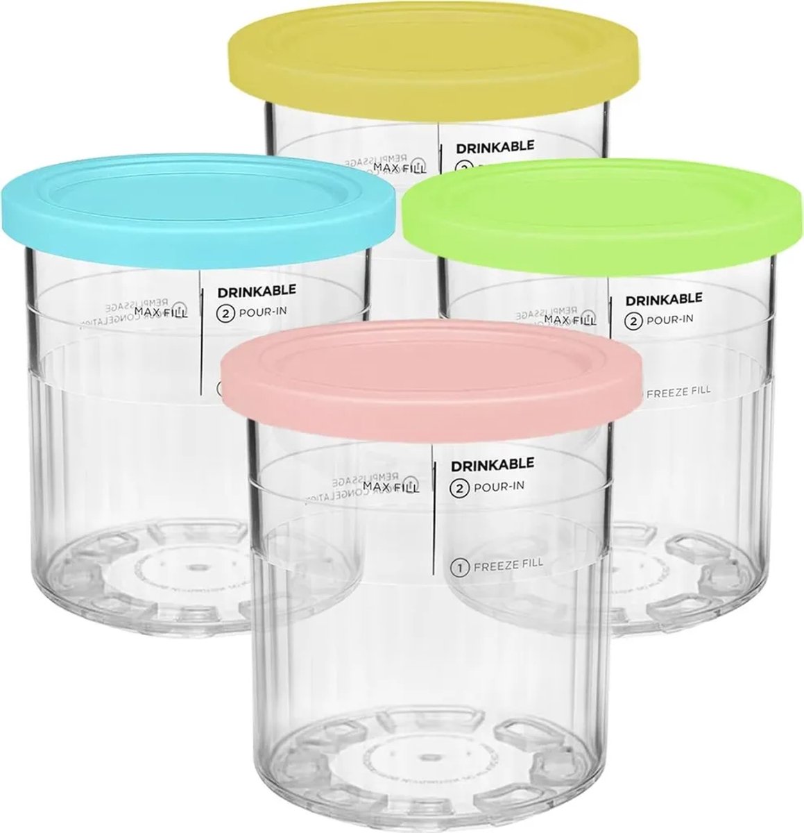 IJsbakjes, vervangende dispensers en deksels, 1000 ml, Geschikt voor Ninja Creami, compatibel met NC500 en NC501 Deluxe, BPA-vrij, vaatwasmachinebestendig, luchtdicht, bladbestendig, 4-delige set, verkrijgbaar in roze, groen, blauw en geel.