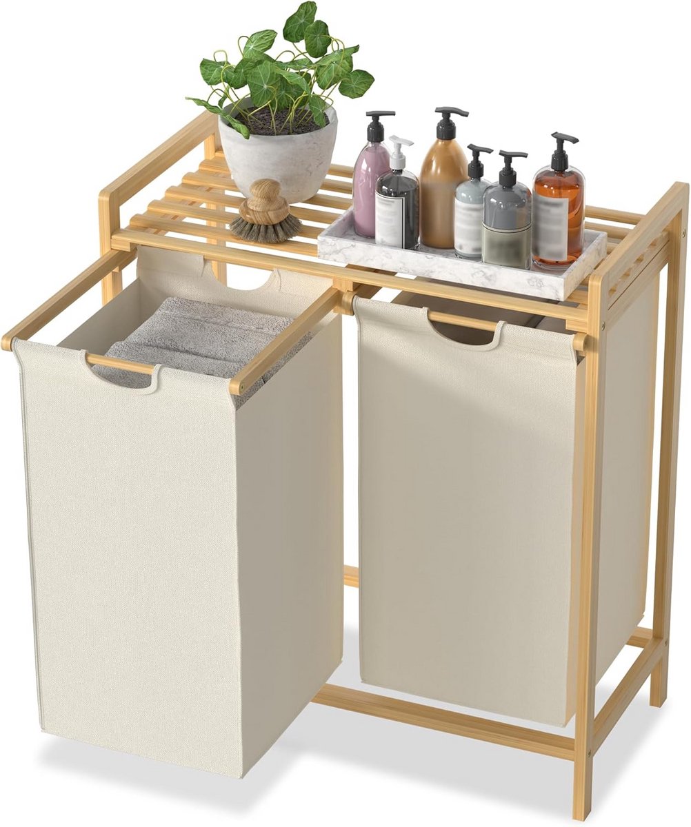 Wasmand met 2 Vakken en Bamboe Plank - Grote, Scheidbare Wasverzamelmand