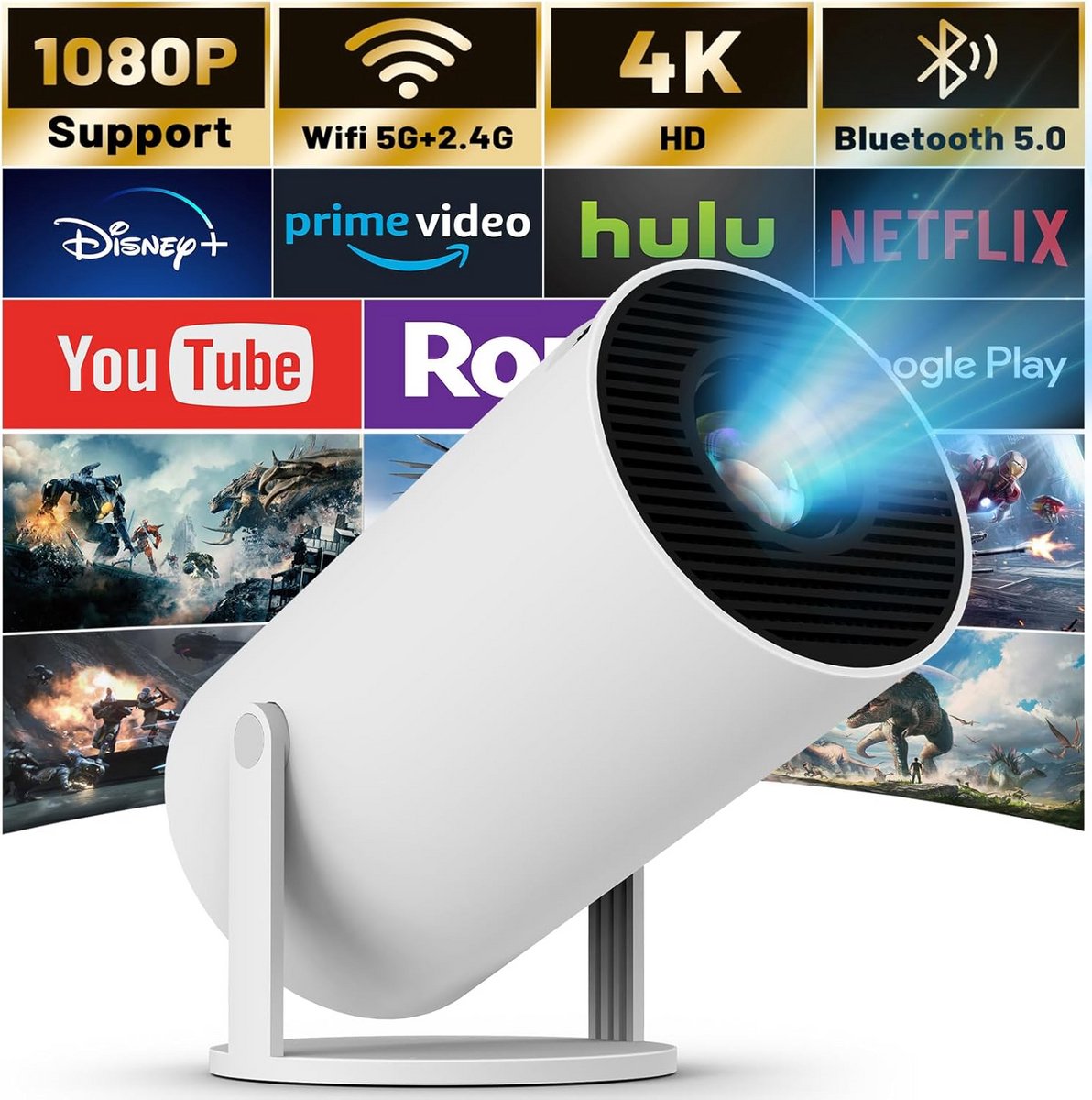 Draagbare Mini Projector met WiFi 6 & Bluetooth, 4K Ondersteuning, 180° Draaibaar & Keystone Correctie
