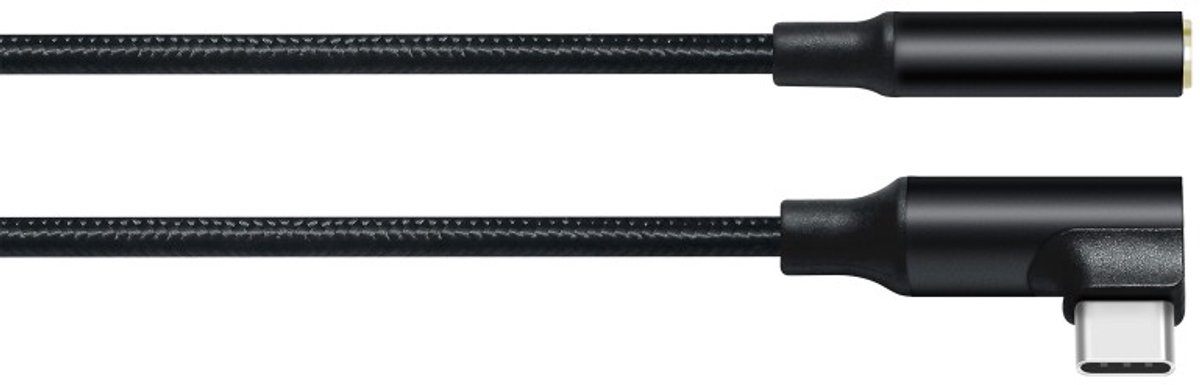 DTECH - USB-C 90 graden naar 3.5mm Jack Audio Adapter – Met Goudgeplaatste Connectoren – Gevlochten Kabel – Geschikt voor Smartphones, Tablets en Laptops - Zwart