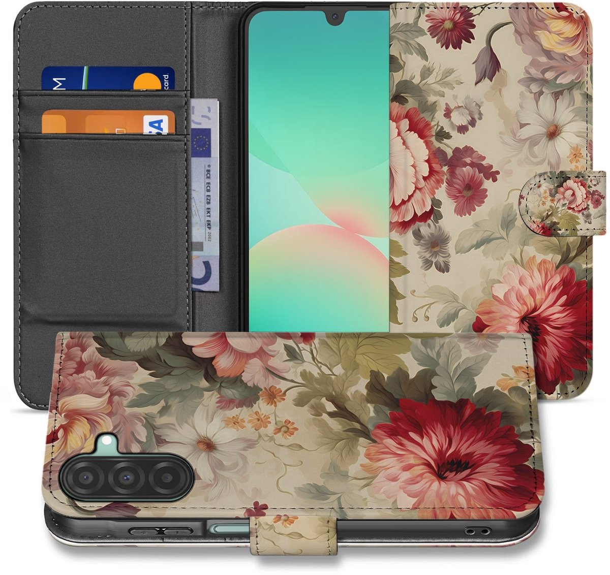 Samsung Galaxy A17 Bloemen Portemonnee Hoesje PU Leer 3 Pasjes