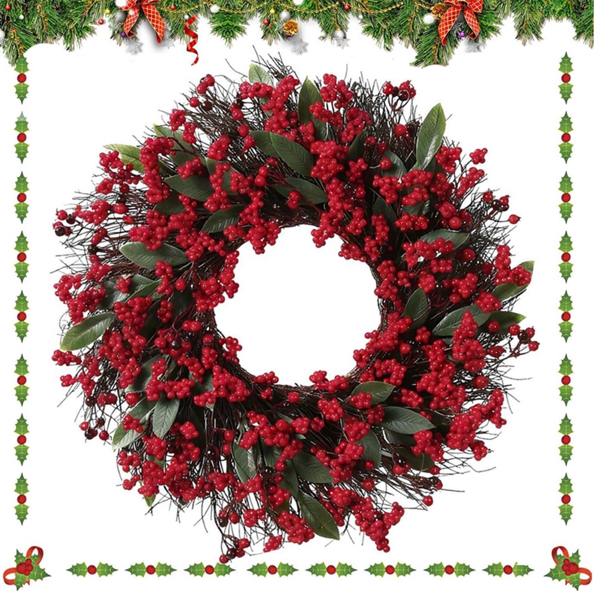 Ronde Krans - Kerstkrans - Rode bessenkrans - Rood - Versierd met rode bessen, handgemaakte dennentakken en cipressenbladeren - 45 cm - Kunstmatige kerstkrans - Wandkrans