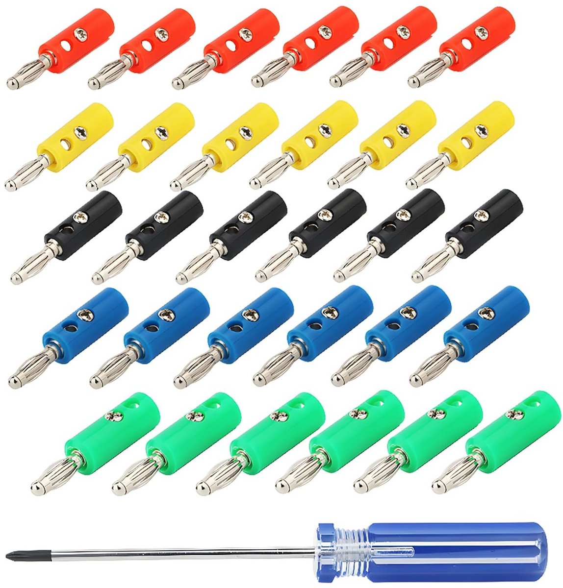 Set van 30 Stuks 4mm Bananenstekkers voor Luidsprekerkabels - Kleurrijk (Rood, Zwart, Blauw, Geel, Groen)