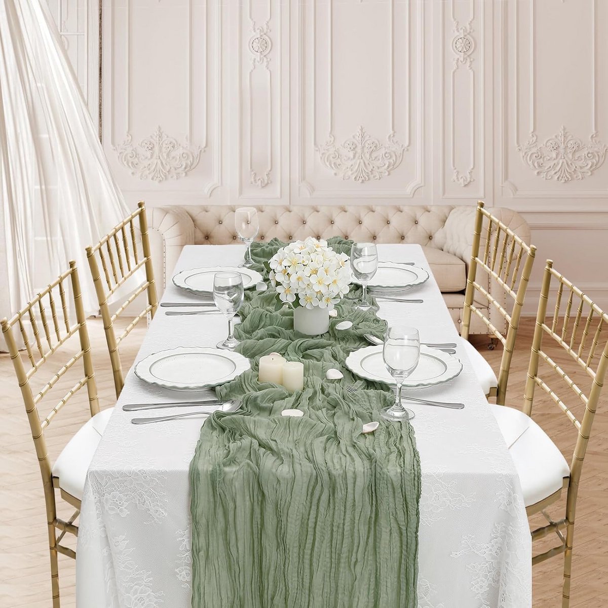 Set van 2 Groene Kaasdoek Tafellopers Eucalyptus Decoratie Woondecoratie