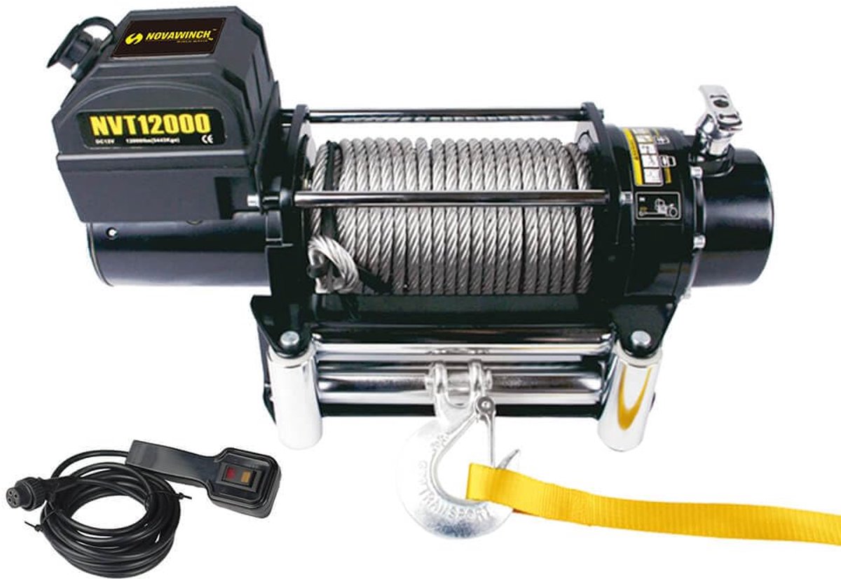 NovaWinch NVT12000 - Elektrische lier 12V - 5443 kg trekkracht - Met 25 mtr. staalkabel - Incl. 4m kabelafstandsbediening. Afstandsbediening op aanvraag leverbaar.