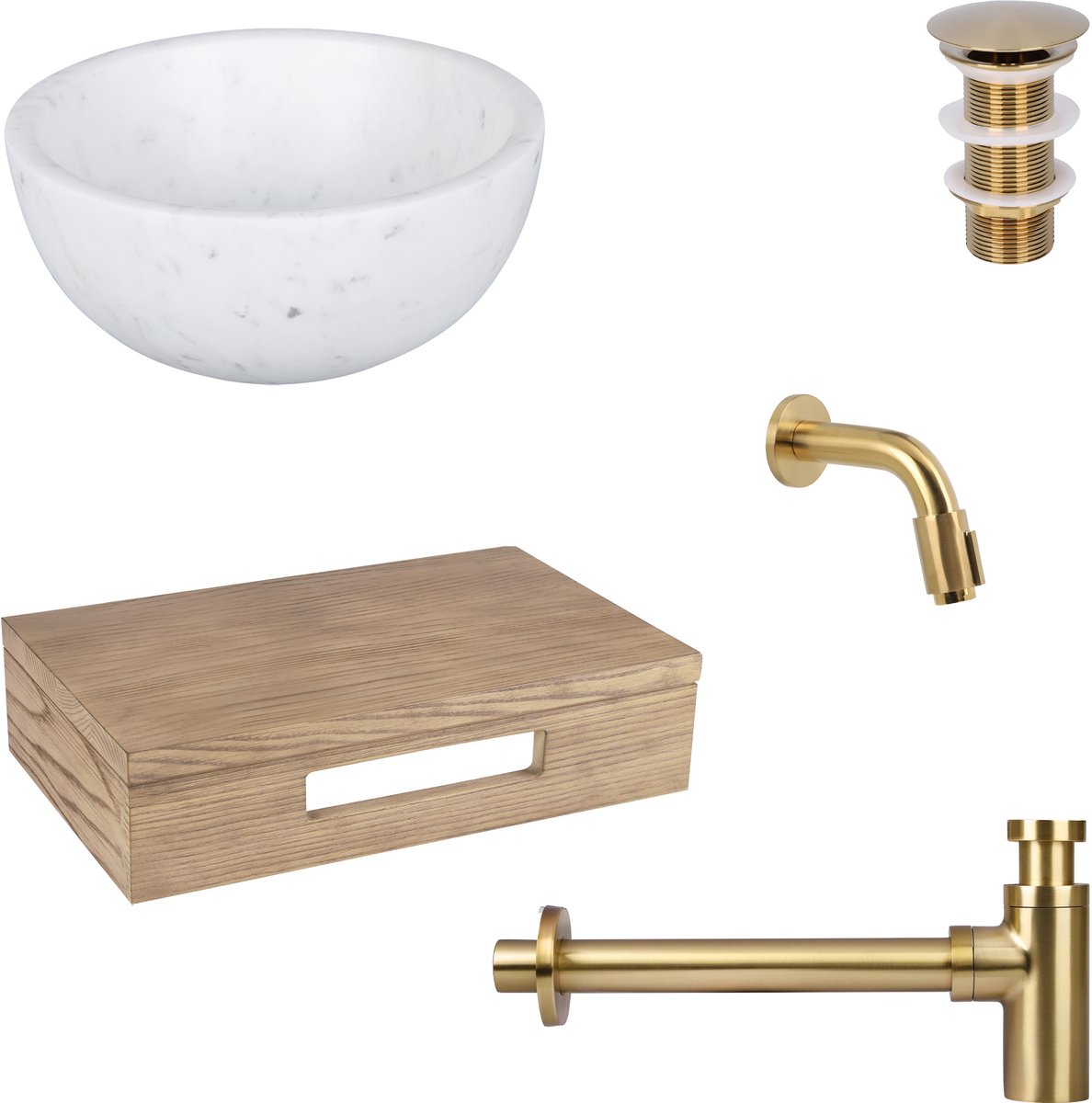 Differnz Ruz fonteinset - waskom marmer - muurkraan 11 cm mat goud - inclusief wastafelplank licht eiken