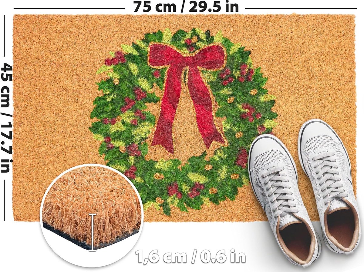 BRUBAKER Kerst Deurmat voor Buiten en Binnen - Kerstkrans met Strik - 45 x 75 cm Inkommat van 100% Kokos - Waterbestendig, Vuilafstotend en Slipvast - Ideaal voor de Voordeur, Tuin en Terras – foto 7