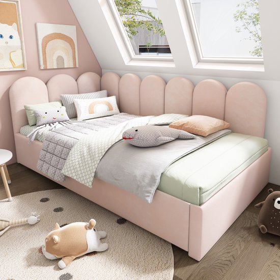 Gestoffeerd bed 90x190cm in fluweel - met uitschuifbed 90x190cm - Grijs