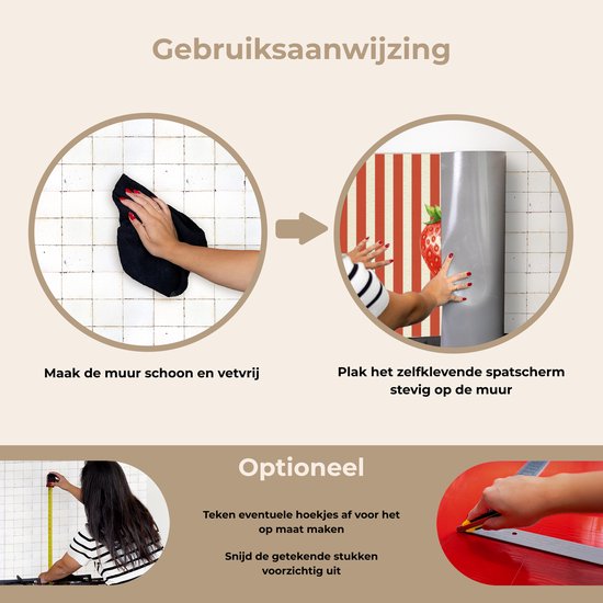 Spatscherm 100x65 cm - Zelfklevende achterwand Aardbei - Strepen - Rood - Keuken muurbeschermer - Spatwand fornuis