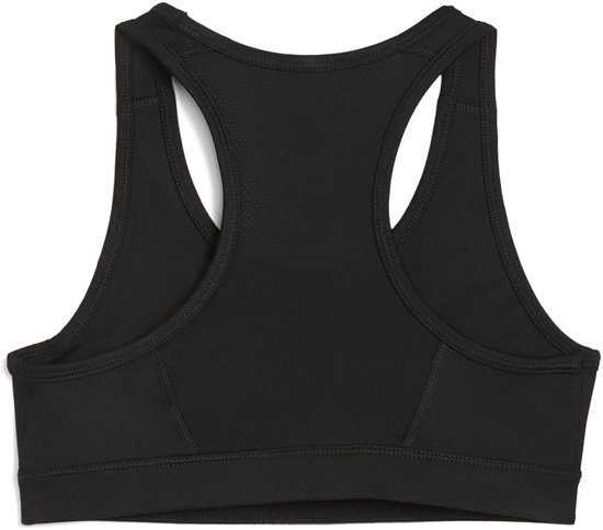 Achterkant van een zwarte sportbeha met een racerback-model en naden voor ondersteuning.