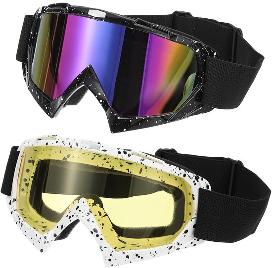 Crossbril, 2-delige motorbril, ATV-bril, skibril, racehelm, winddicht, voor parachutespringen, skiën, motorrijden, zwart-wit met kleurrijke/gele lenzen