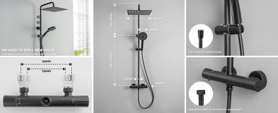 Auralum Max douchesysteem - Inclusief thermostaatkraan - Douchekop Ø 30 cm - Handdouche Met 5 stralen - Douchekolom - Verstelbare Hoogte 88-124 cm - Mengkraan - RVS Doucheset - Zwart