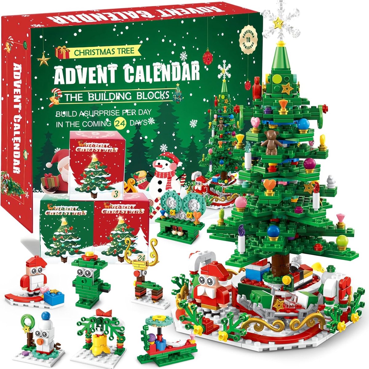 Adventskalender 2025 Kerstboomblokken Speelgoedset met Warm Licht, 24-daagse aftelkalenderblokken voor kerstbomen, 24-in-1 vakantie-adventskalenderblokken, kerstcadeau voor kinderen en volwassenen.