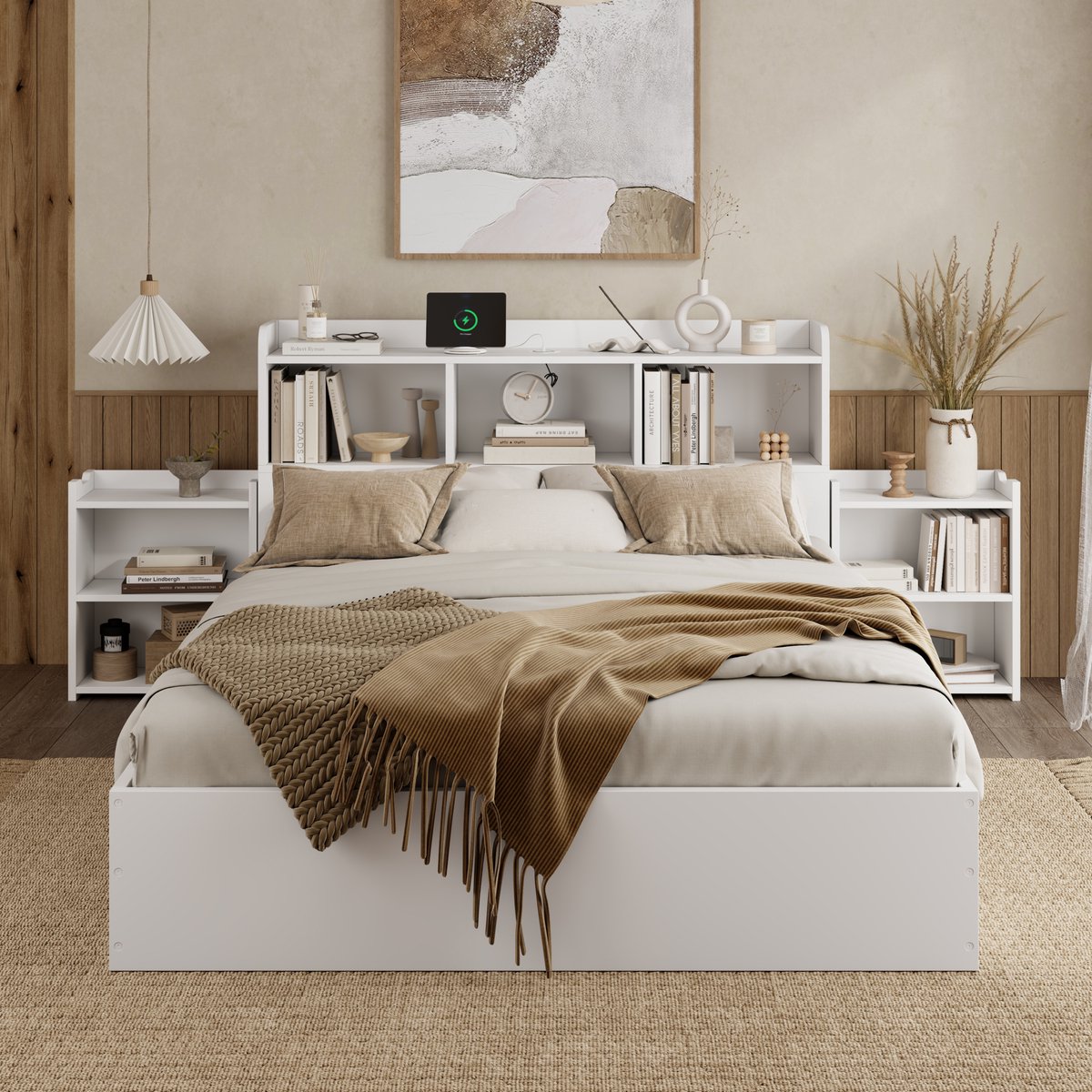 MODFU Bed 140x200 MDF Wit – Tweepersoonsbed met 4 Laden, Uitrolnachtkast, Type-C & Draadloos Laden