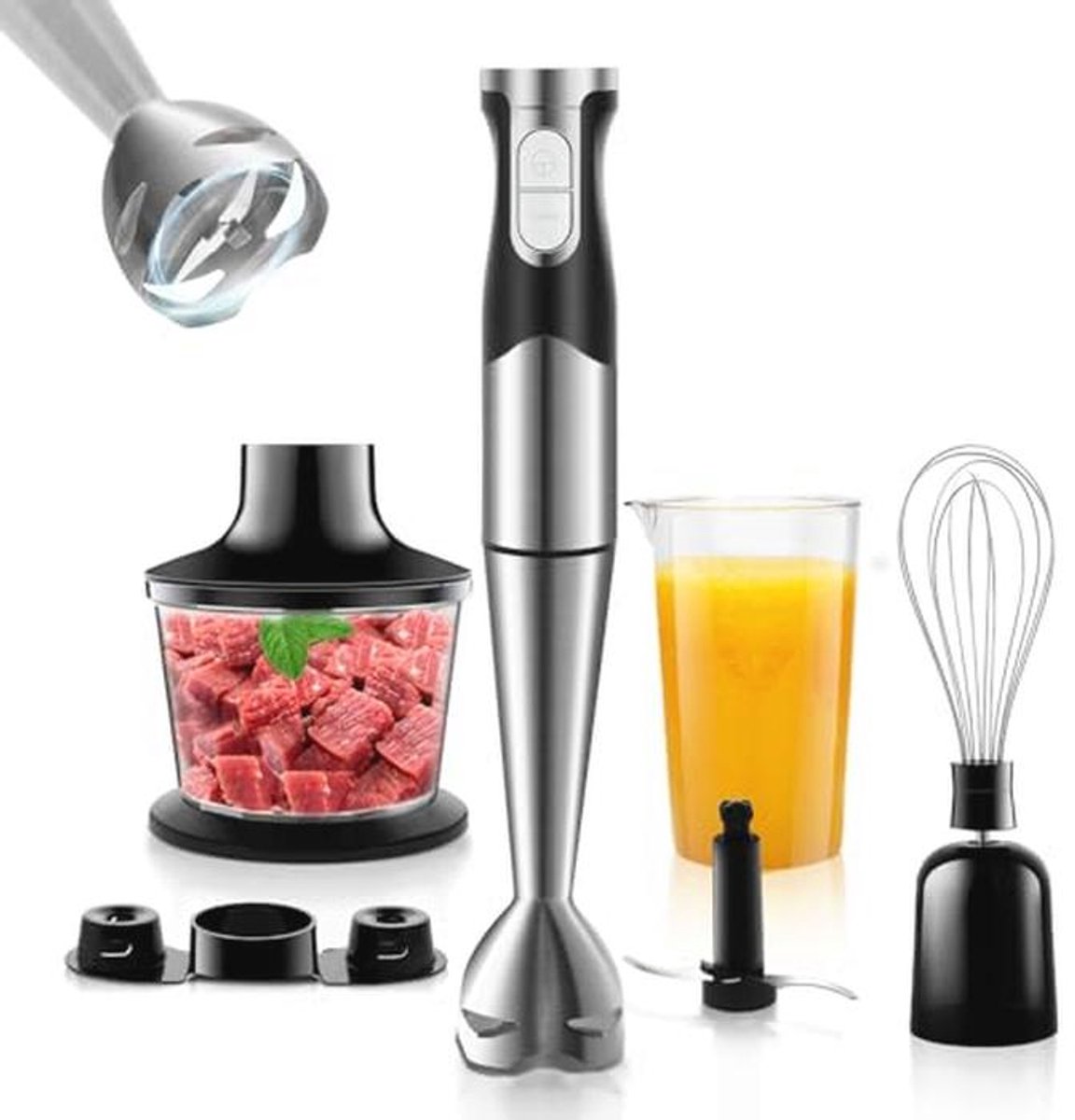 6-in-1 Staafmixer, Multifunctioneel, 1200 W, Instelbare Snelheid, RVS, Met Spatbescherming