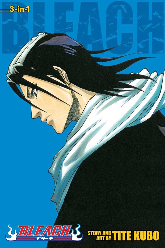 Rukia Kuchiki avec ses cheveux noirs caractéristiques, un bandeau blanc et noir et une écharpe blanche, sur fond bleu. Titre : Bleach 3-in-1.