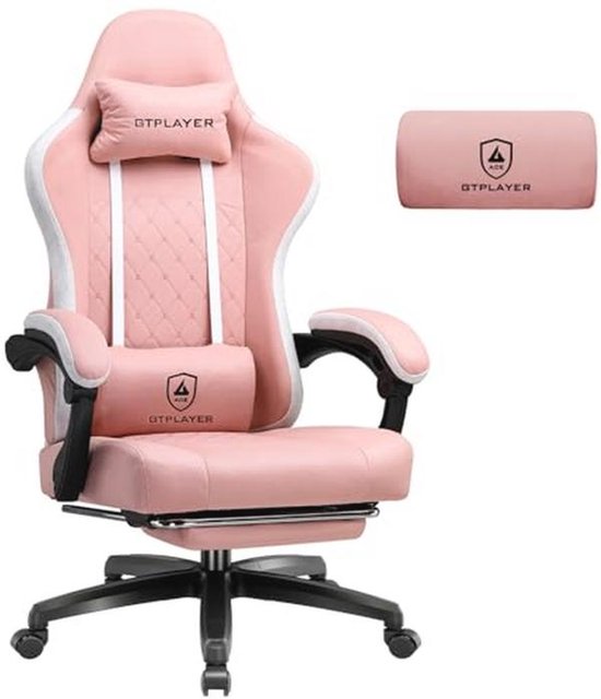 ALFORDSO Racing Gaming-stoel Massage-gaming-stoel Ergonomische gamer-stoel met hoofdsteun, voetensteun en massage-lendenkussen, Gevoerde gaming-stoel, PU-leer, roze
