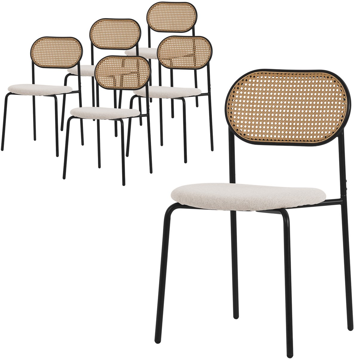 ml-design eetkamerstoelen set 6 beige gestoffeerde keukenstoelen met rotan rugleuning zonder armleuningen retro dining stoelen duurzame metalen poten comfortabele eettafelstoelen woonkamerstoelen gestoffeerde stoelen keukenstoelen moderne design
