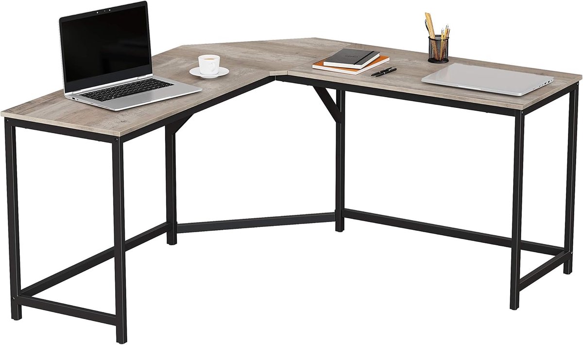 VASAGLE - hoekbureau - computerbureau - 149 x 149 cm - - metalen frame - grijs met zwart