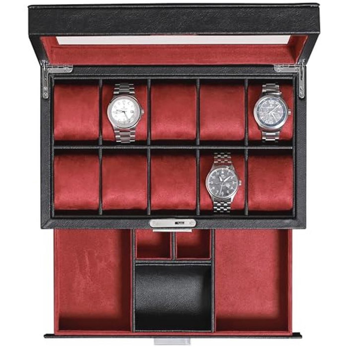Luxe horlogedoos met 10 sleuven en valetlade - organiser voor horloges met glazen bovenkant