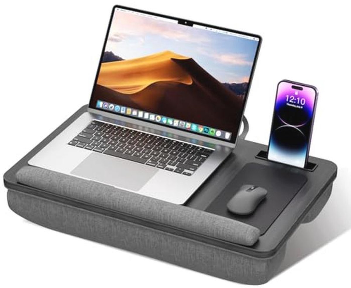 Draagbaar laptopkussen tot 17 inch met antislip en telefoonhouder