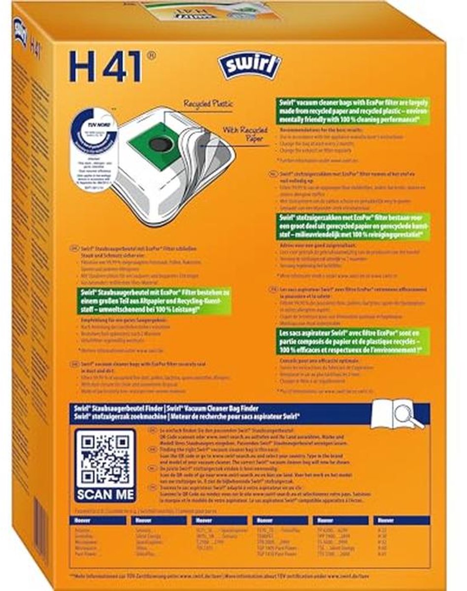 MicroPor Plus stofzuigerzakken H 41 met anti-allergeenfilter en AntiBac-systeem - 4 Stuks