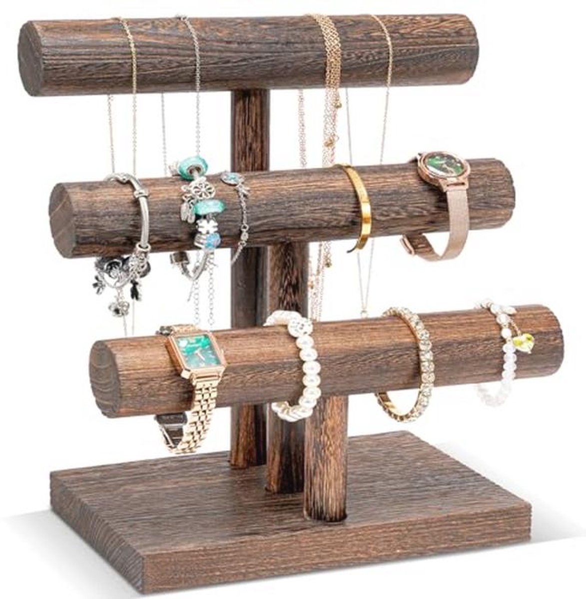 Houten Armbandhouder - 3 Laags T-bar Organiser voor Armbanden en Horloges