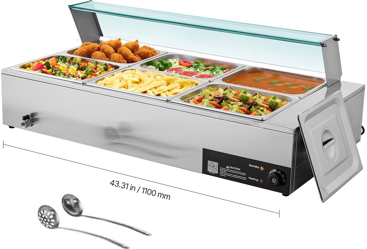 Commerciële Buffetverwarmer - Elektrische Bain-marie/Chafing Dish - Met 6 x GN 1/2 Bakken - Vermogen 1,5 kW - RVS - Glazen Deksel - Soeplepel Inbegrepen