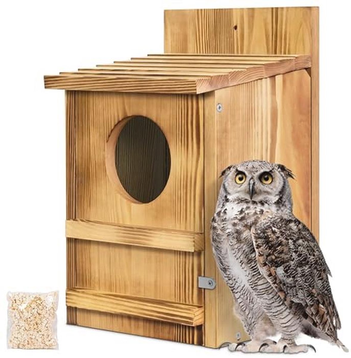 Grote Handgemaakte Houten Screech Uil Huis met Cirkelvormige Opening voor Buiten