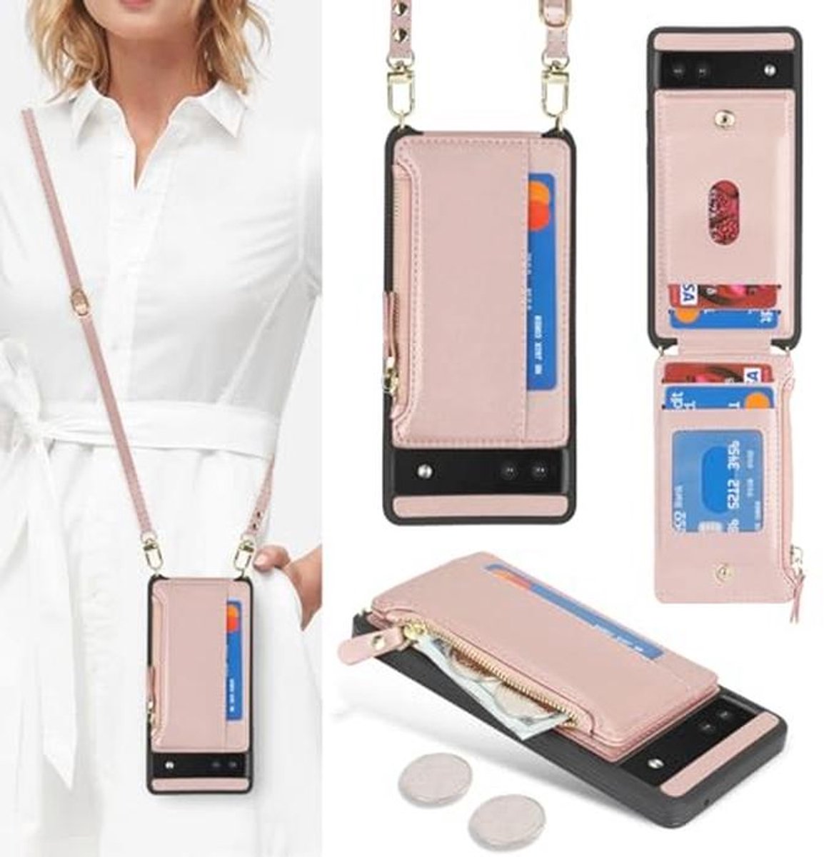 Hoes voor mobiele telefoon met kaartsleuven en verstelbare halsketting voor Google Pixel 6a - Roségoud