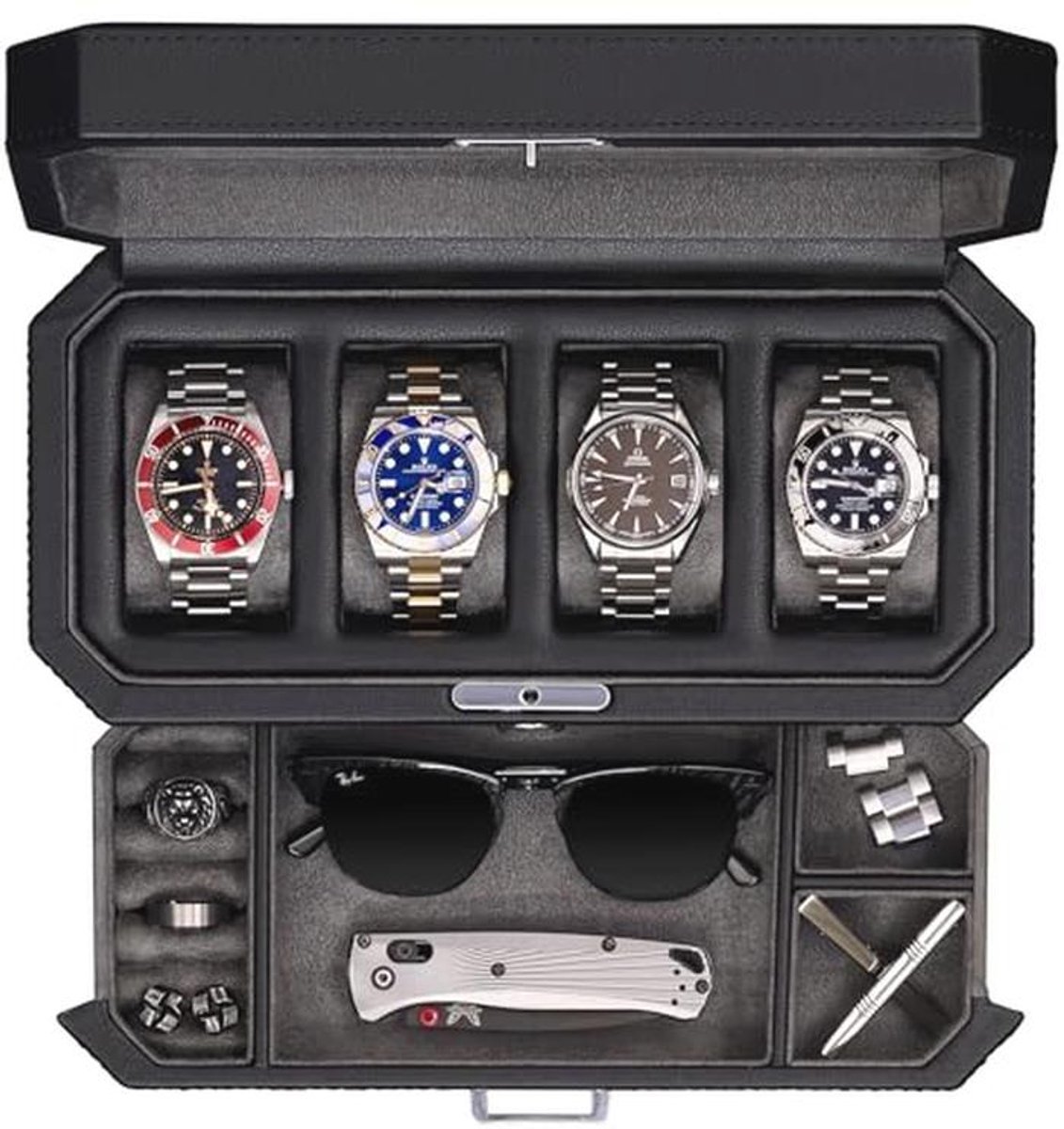 Leren Horlogedoos met 4 Compartimenten en Valet Lade - Luxe Display Cabinet en Juwelen Organizer