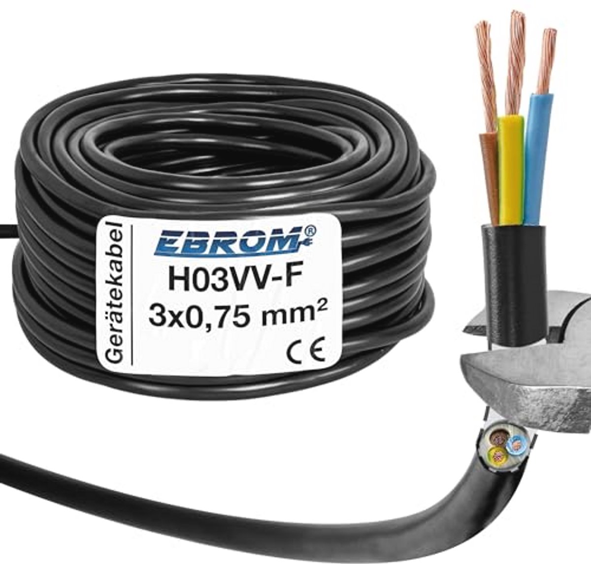 Kunststof slangleiding ronde kabel H03VV-F 3x0,75 mm² - Verkrijgbaar in lengtes tot 200 m