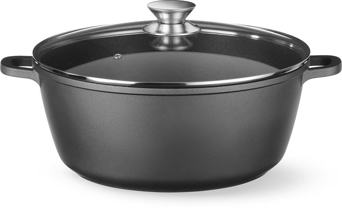 Koekenpan met Deksel - Casserole Pan - Koken en Serveren - Antiaanbaklaag - 7.5L - Zwart
