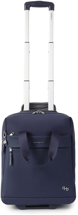 Donkerblauwe Hedgren laptop trolley met trolley-handvat omhoog, logo en ritsen.