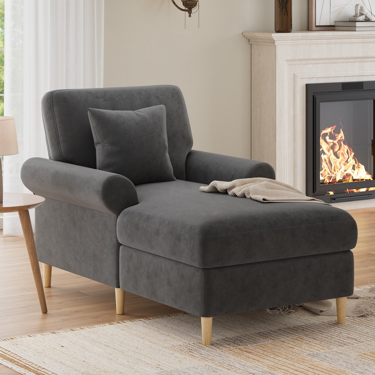 PHOEBE CAT Fauteuil - Met kussen - Leesstoel - Chaise longue - Eenpersoonsbank - Velvet - Donkergrijs