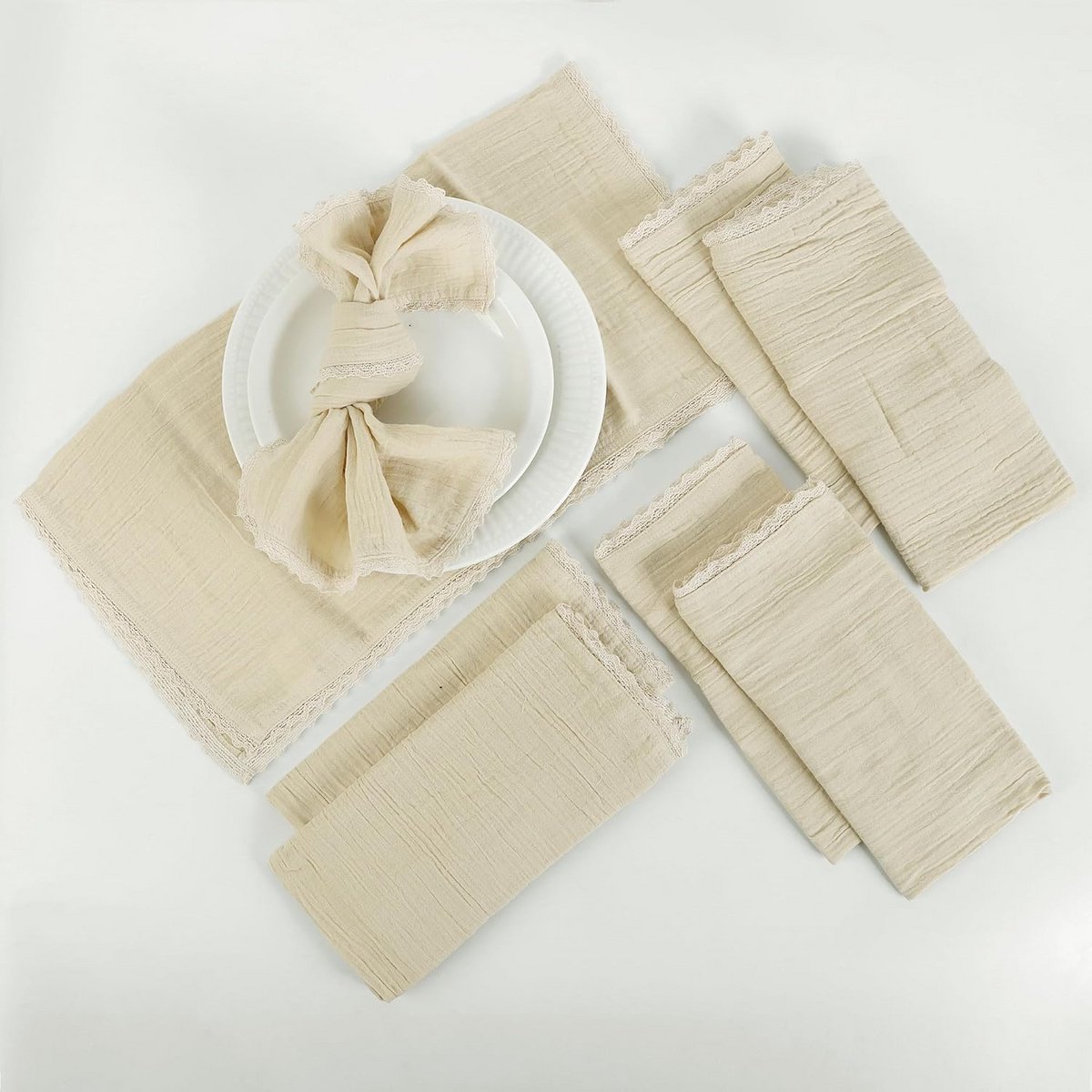Set van 8 Mousseline Katoenen Servetten met Klassiek Kant - 100% Absorberend