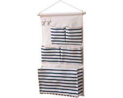 EBETA E Hangorganizer voor deur, muur, organizer, gebruiksvoorwerpentas, hangende opbergtas voor entree, garderobe, badkamer, 5 vakken, met 2 sleutelhaken (blauwe strepen)