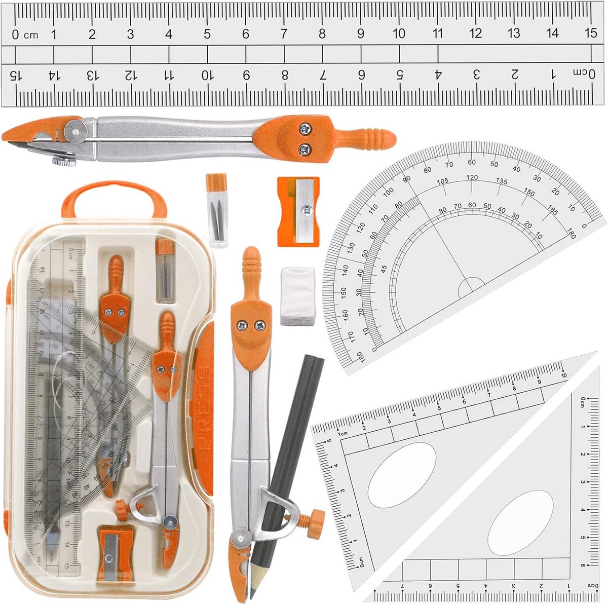 Geometrische passer set met 2 kompas, 2 geodriehoek, 15 cm liniaal en hoekmeter