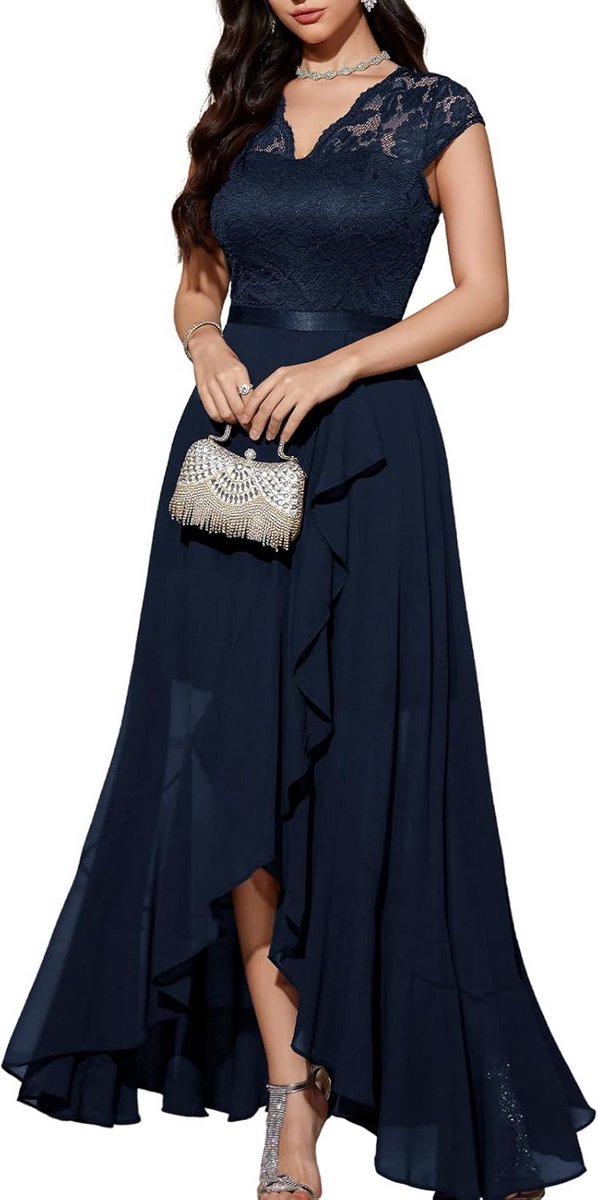 Elegante Avondjurk Bruiloft Chiffon Kant Hi-Lo Feestjurk Lange Gala Jurk