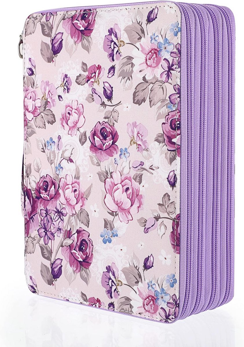 Pencil Case voor 200 Stiften met Rits - Praktische Opbergtas in Meerdere Lagen - Voor Gelpennen en Glitterpennen - Paars met Bloemmotief