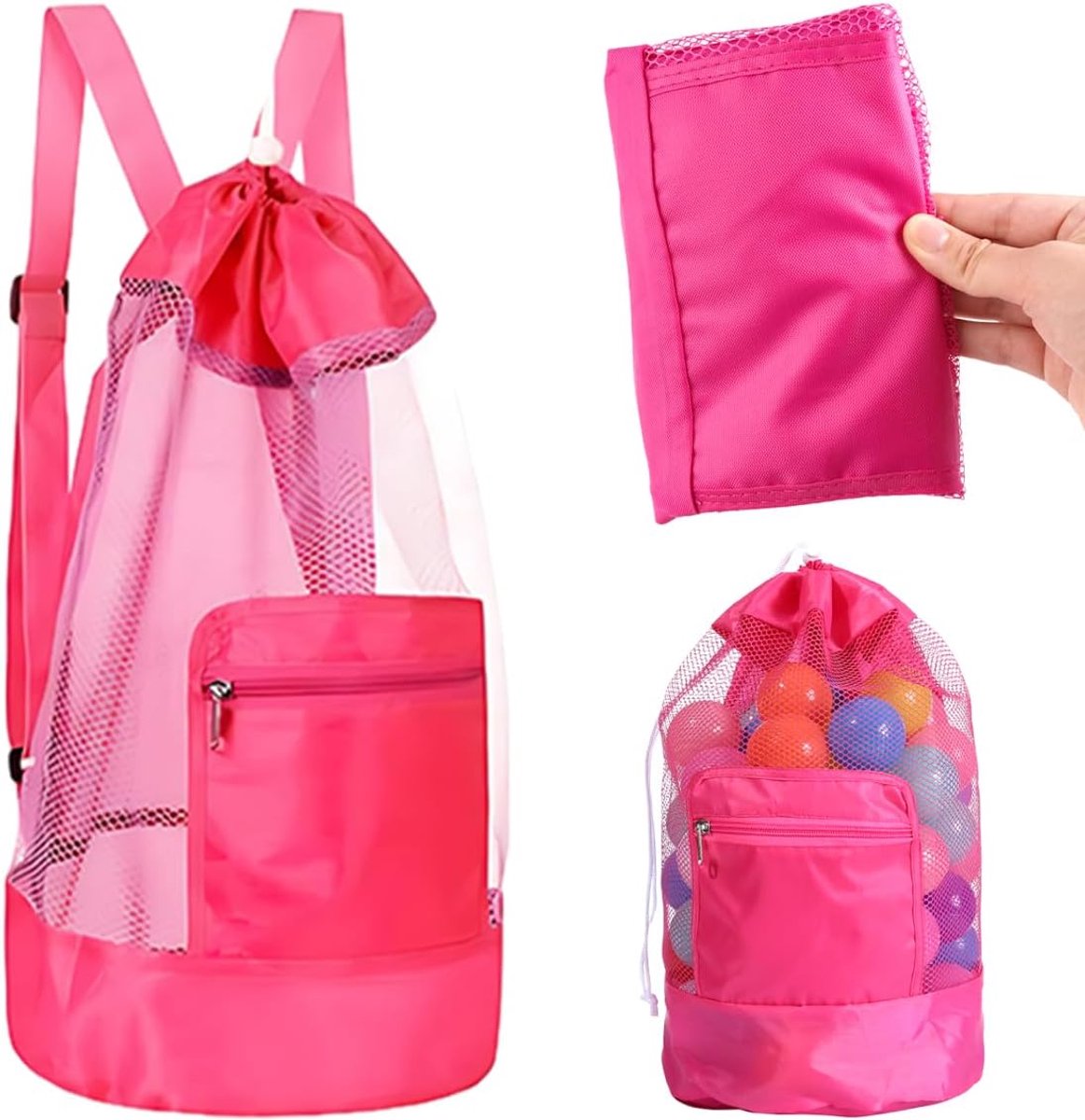 Waterproof Sand Toy Bag - Foldable Kids Mesh Drawstring Backpack - Polyester with Zipper Pocket - Adjustable Shoulder Straps - Portable Ideal for Beach Pool and Travel (Pink)