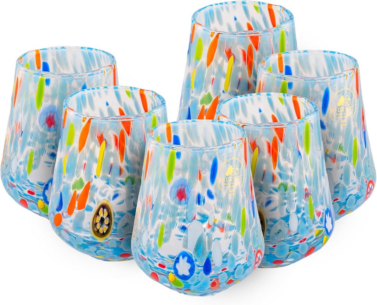 Set van 6 Mondgeblazen Waterglazen - Handgemaakt Italiaans Glas