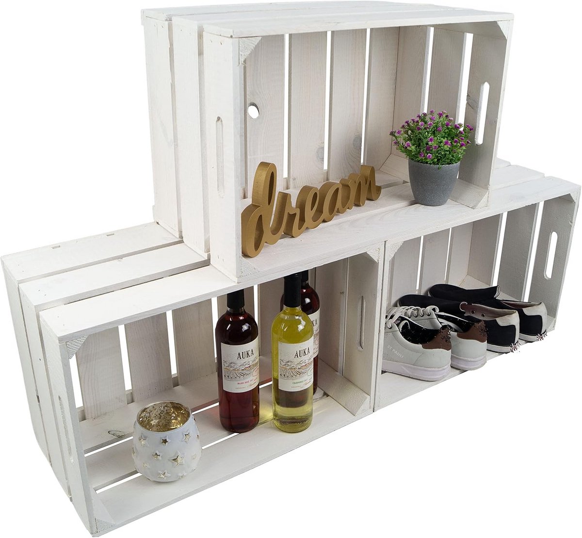 Set van 3 Houten Fruitkisten Wit - Robuuste Opbergkist voor Wijn, Appels of Decoratie - 54x35x30 cm