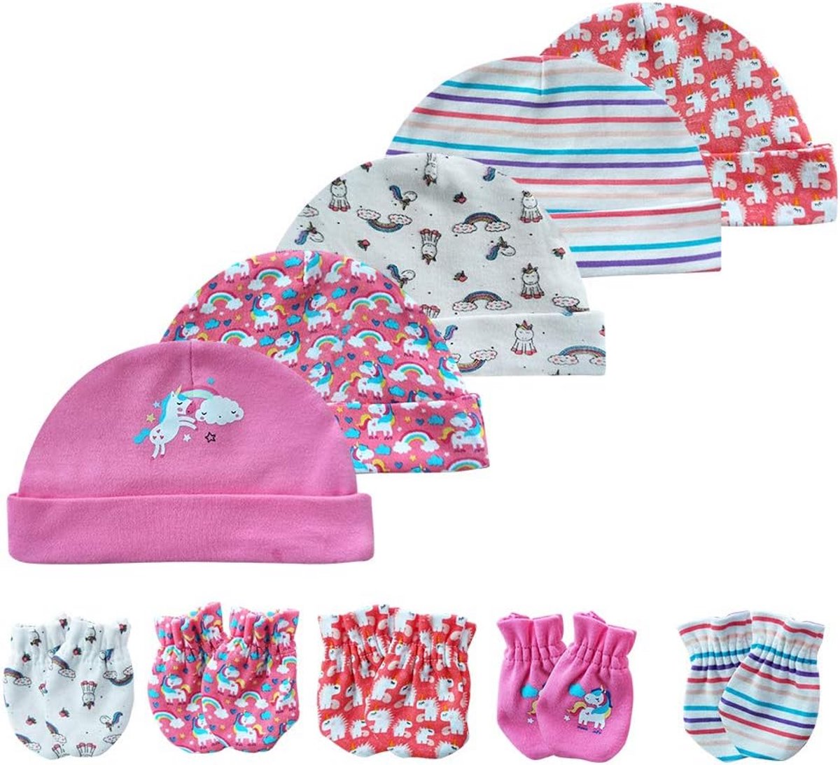 Set van 5 Katoenen Baby Mutsjes en 5 Paar Anti-Krab Wantjes voor Pasgeborenen