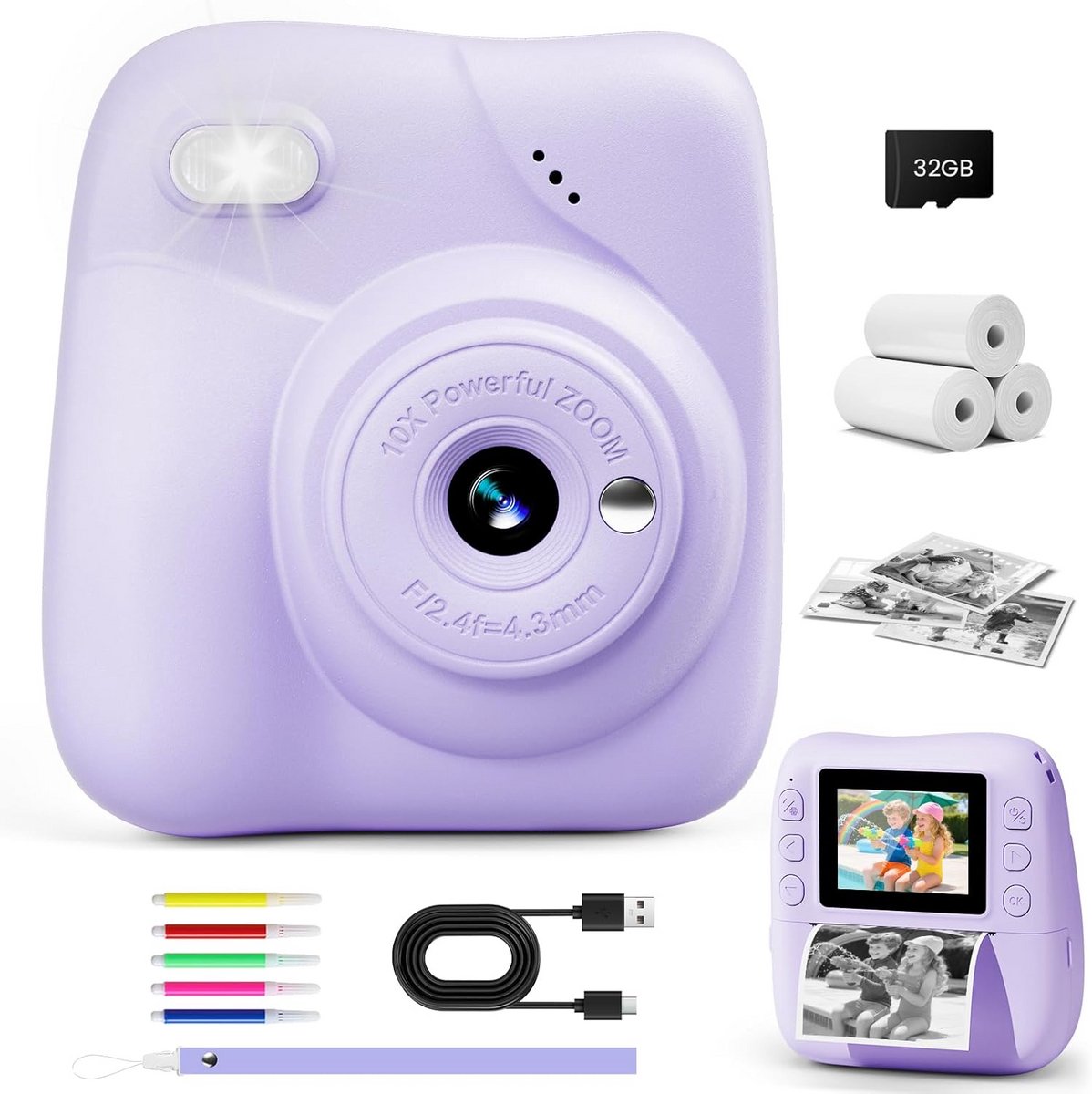 Instant Camera voor Kinderen - 1080p HD Digitale Camera met Printpapier en 32GB Kaart - Cadeau Jongens & Meisjes