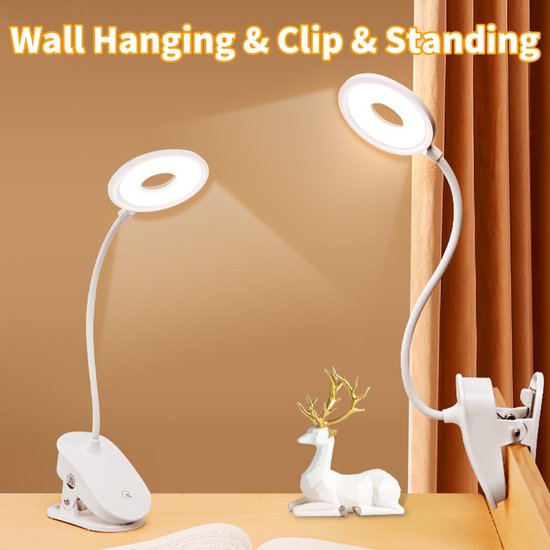 Leeslamp Boekenklem-1 Stuk - LED Studie Clip Lamp - Oplaadbare Opvouwbare Boekenhouders En Bedlamp - Wit - 3 Lichtkleuren Dimbaar - 1200mAh van Merkloos — afbeelding 5
