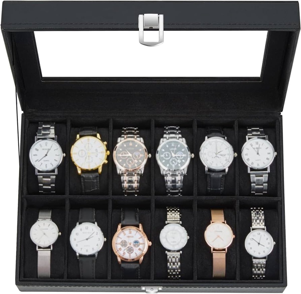 Horlogebox met 12 vakken - Zwart - PU-leer