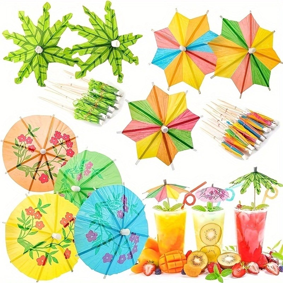 100 cocktailparaplu's, parasols, zonneschermen en paraplulabels; feestartikelen voor een Hawaiiaanse zomer, verkrijgbaar in verschillende kleuren.