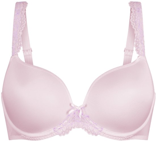 Soutien-gorge rose pâle à bonnets souples, orné de bretelles en dentelle et d'un petit nœud.